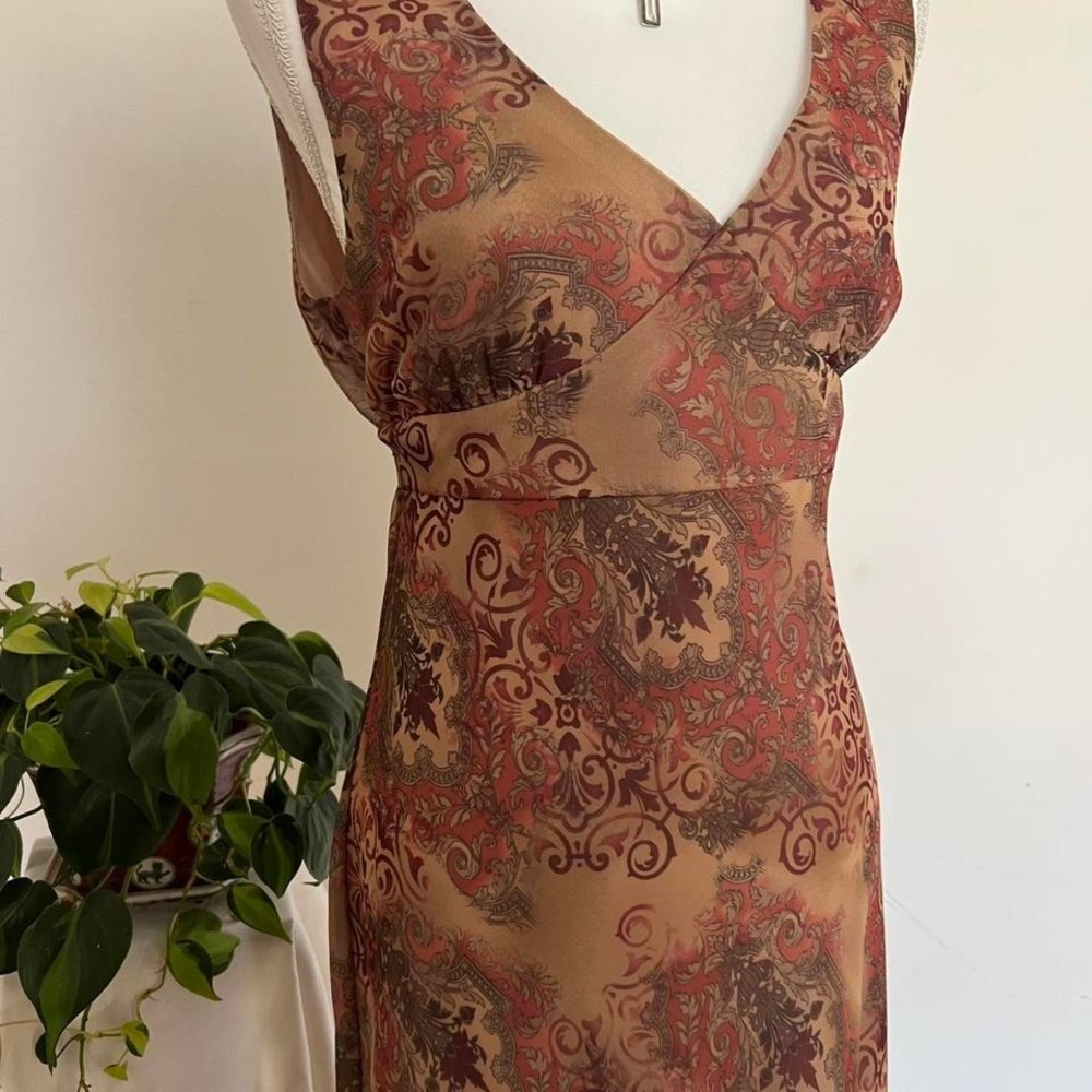 Vintage Y2K 90s Orange Brown Paisley Midi Dress with Sheer Ruffle Hem M Fairy - Picture 3 of 8